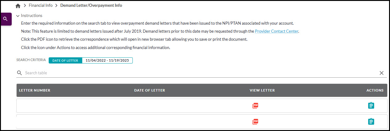 Demand Letter / Overpayment Search Results
