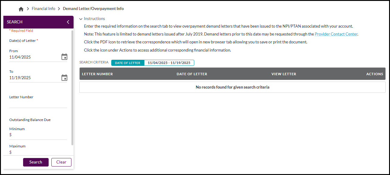 Demand Letter / Overpayment Search Screen