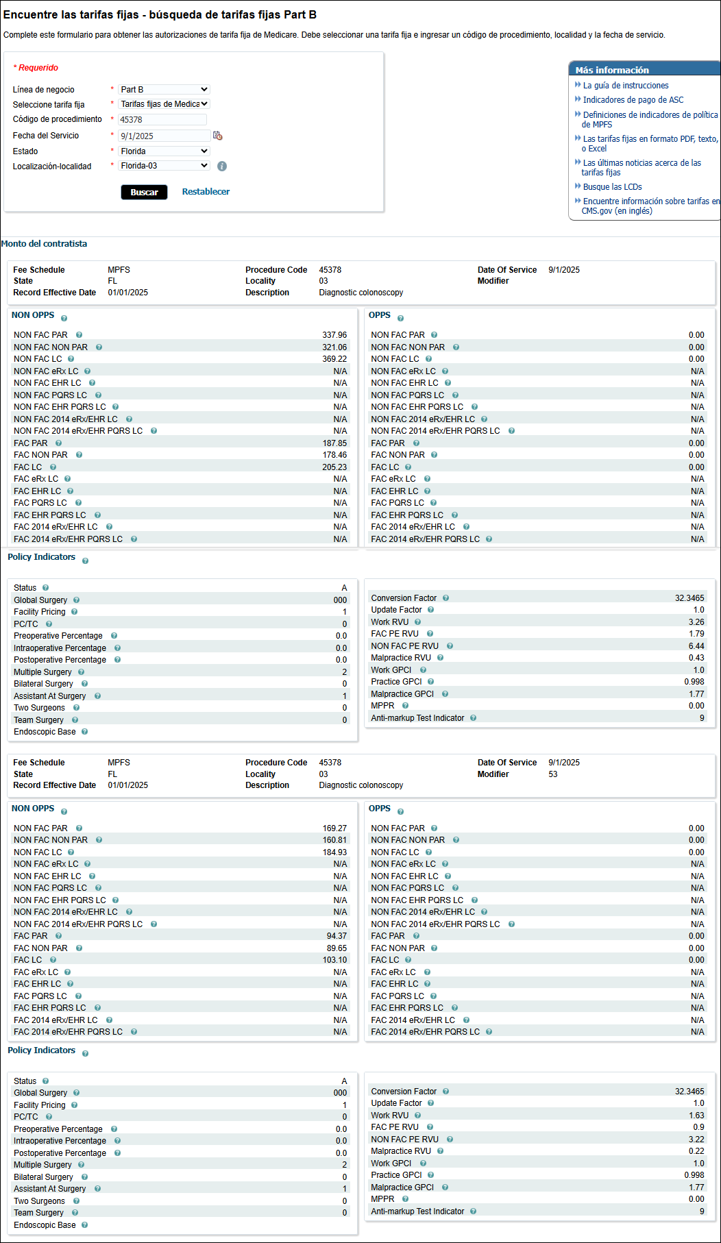 Ejemplo de los resultados para MPFS - código de procedimiento 45378