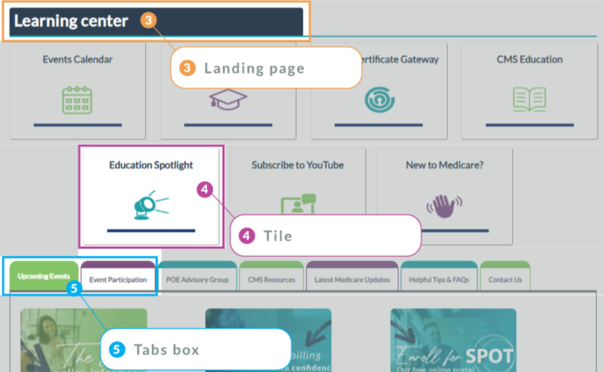 Screenshot showing the tiles and tabs on a new website landing page