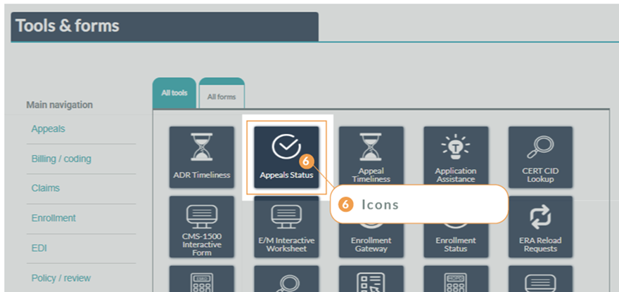 Screenshot showing the tool icons area of the new website.