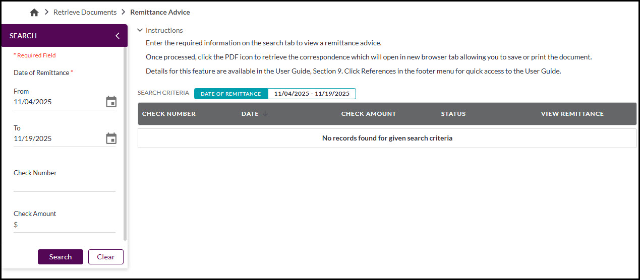 Remittance advice screen