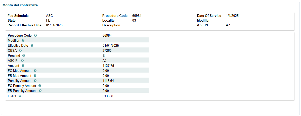 Ejemplo de los resultados para ASC - código de procedimiento 66984