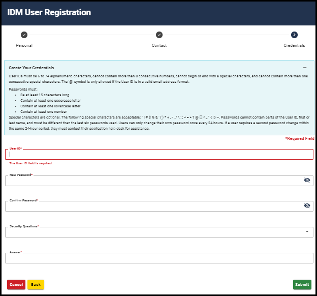 IDM registration create user id