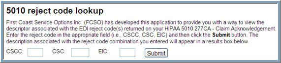 5010 reject code lookup