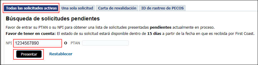 Todas las solicitudes activas: presentar