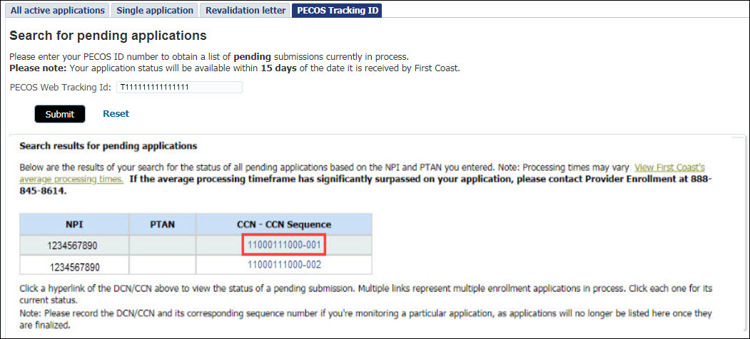 PECOS Tracking ID status results