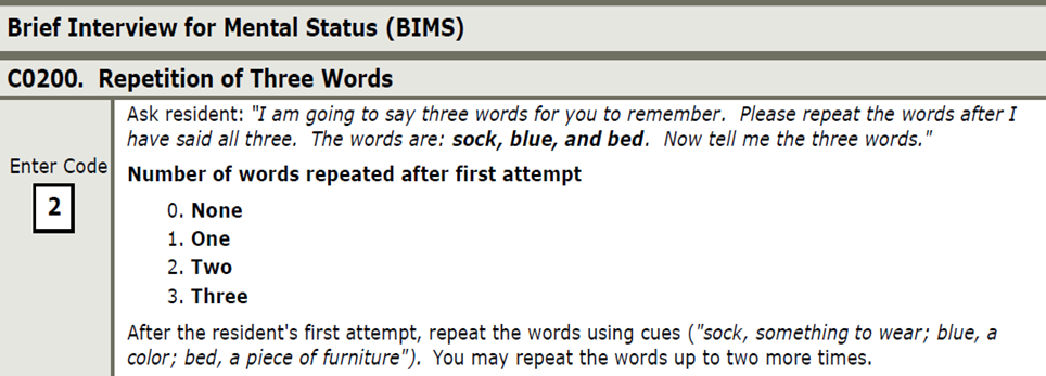 Captura de pantalla C0200 Entrevista breve para estado mental (BIMS)