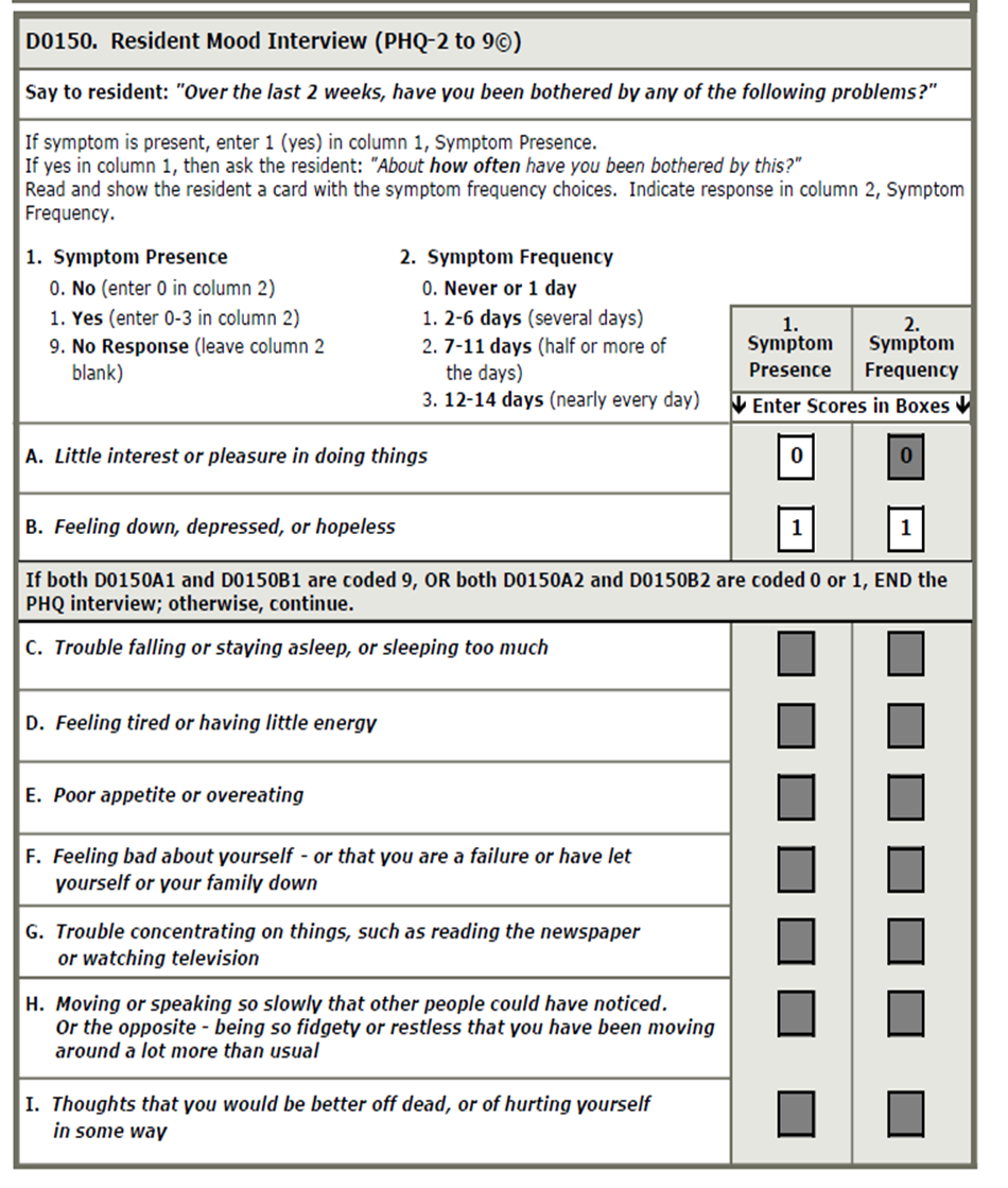 screen shot of D0150 Resident Mood Interview (PHQ-2 to 9©) 