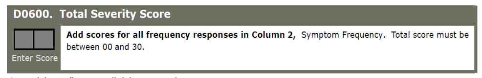 screen shot of D0600 Total Severity Score