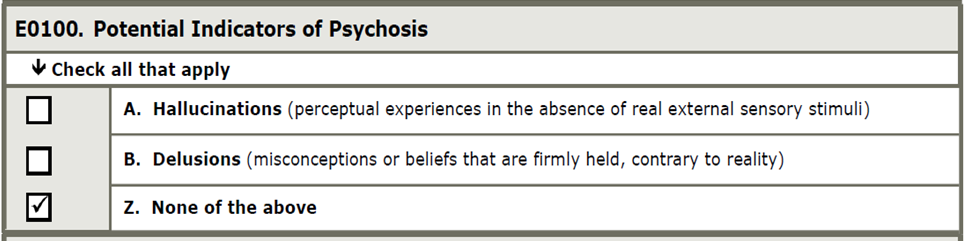 screen shot of E0100 Potential Indicators of Psychosis