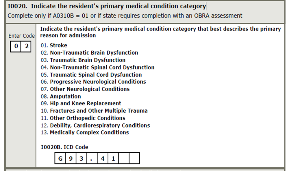 screen shot of I0020 Indicate the resident's primary medical condition category