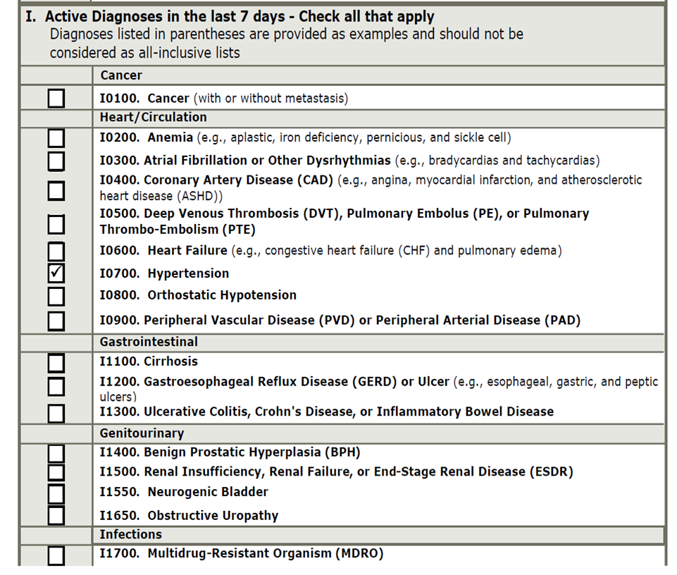screen shot of I0020.I Active Diagnoses in the last seven days - Check all that apply (I0100 -I8000)