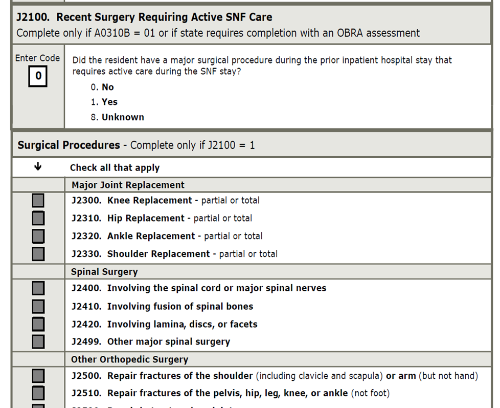 screen shot of J2100 Recent Surgery Requiring Active SNF Care