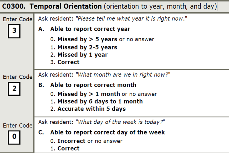 screen shot of C0300 Temporal Orientation (orientation to year, month, and day)