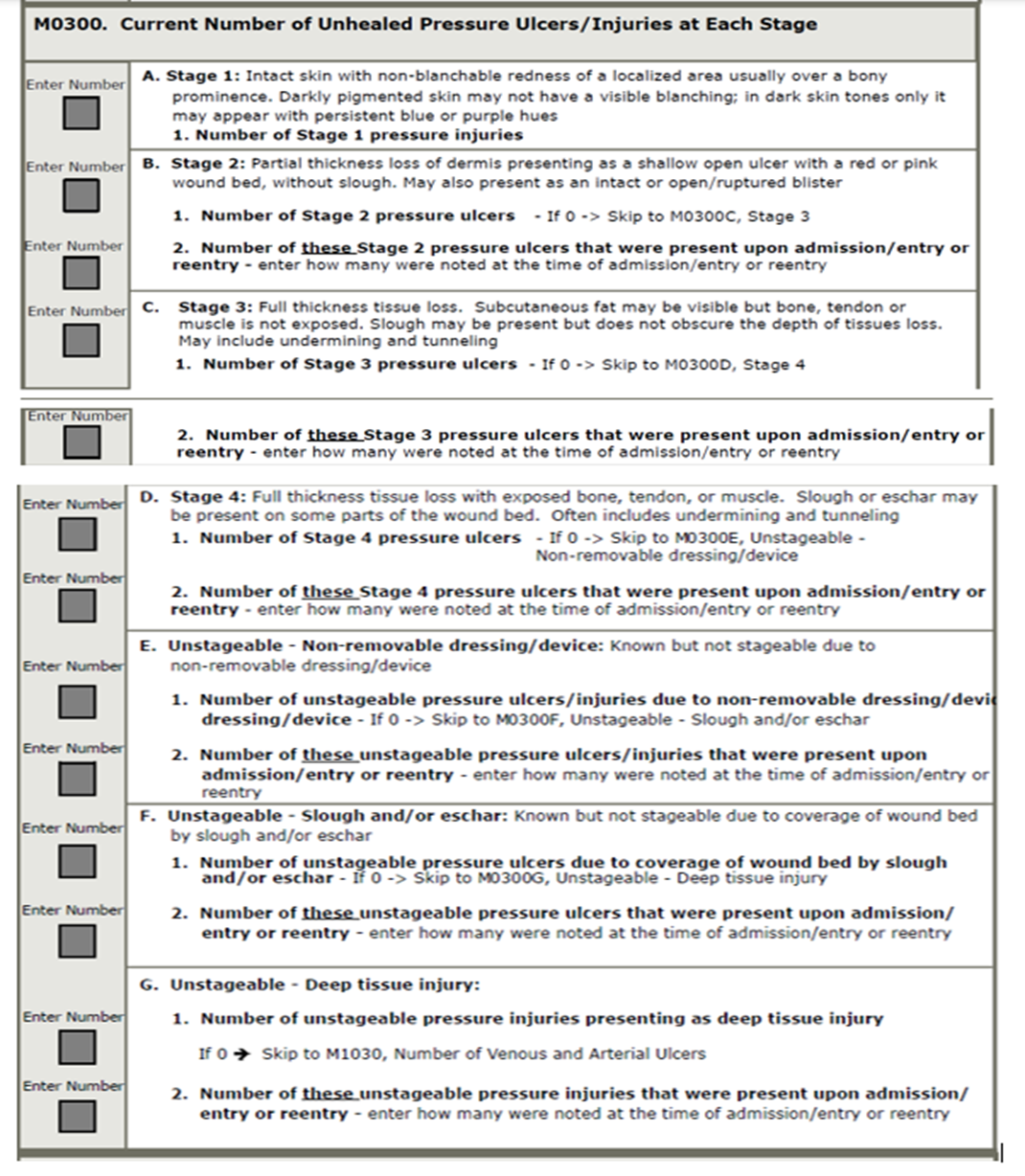 screen shot of M0300 Current Number of Unhealed Pressure Ulcers/Injuries at Each Stage