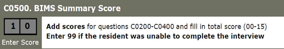 screen shot of C0500 BIMS Summary Score