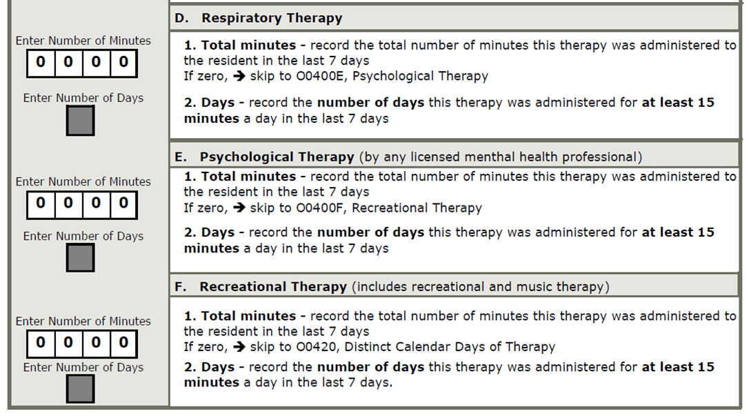 screen shot of  D. Respiratory Therapy E. Psychological Therapy F. Recreational Therapy