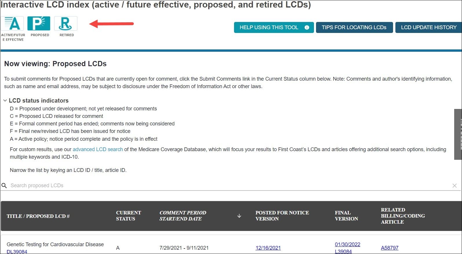 change to proposed or retired lcds by clicking the icons