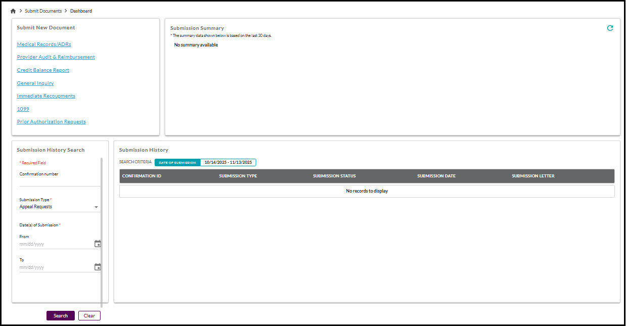 Submit Documents dashboard