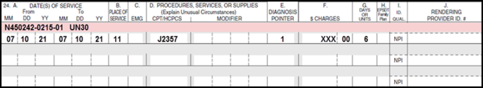 Image of 1500 Claim form billing reporitng the NDC number in item 24.