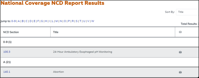 Image of the Medicare Coverage Database NCD reports results screen.