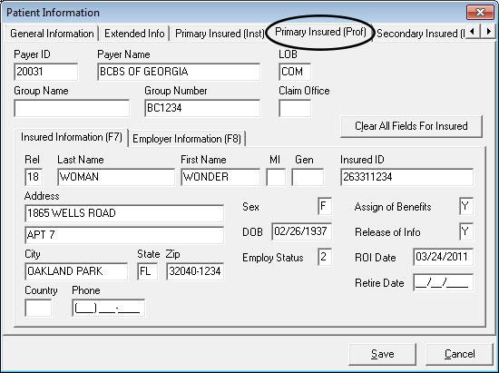 Patient info: MSP primary insured prof