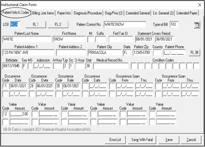 Institutional claim patient info