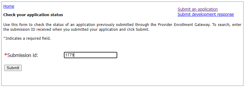 This image shows the screen where the user may check on the status of submitted applications.