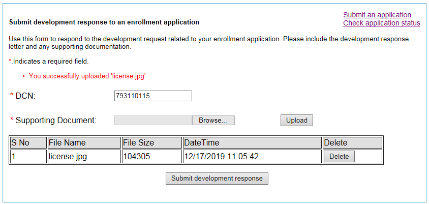 This image shows the screen where a user has uploaded a development response for a DCN that is found in the system.