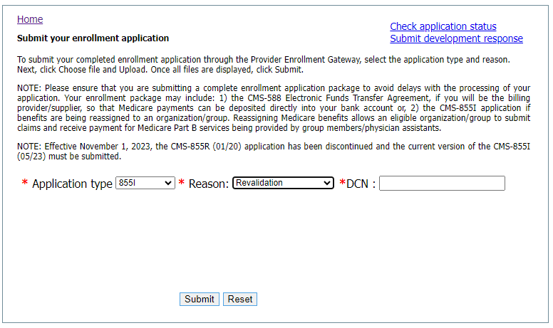 This image shows the additional field required when submitting a revalidation application that requires the user to identify their revalidation DCN.