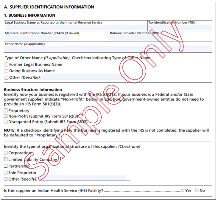 Picture of Section A of the application. You need to provide the supplier identification information in section 2A.