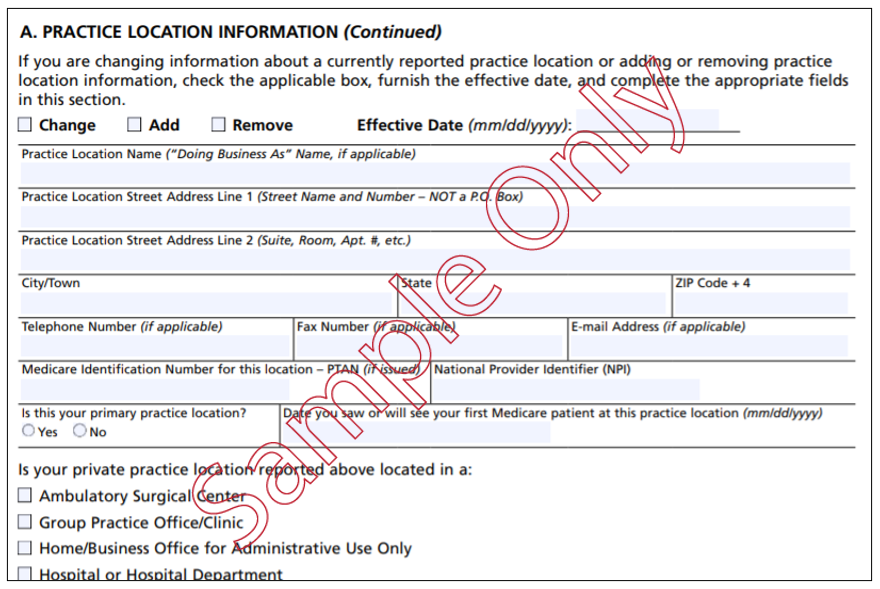 Here is a screenshot of the practice location information.