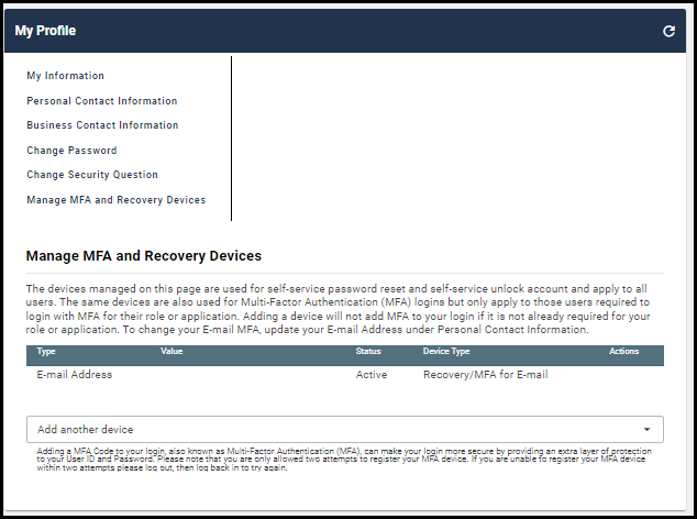 Pantalla de Mi Perfil - administrar MFA