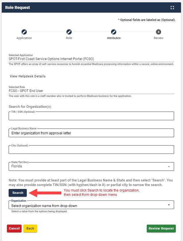   Search and select organization